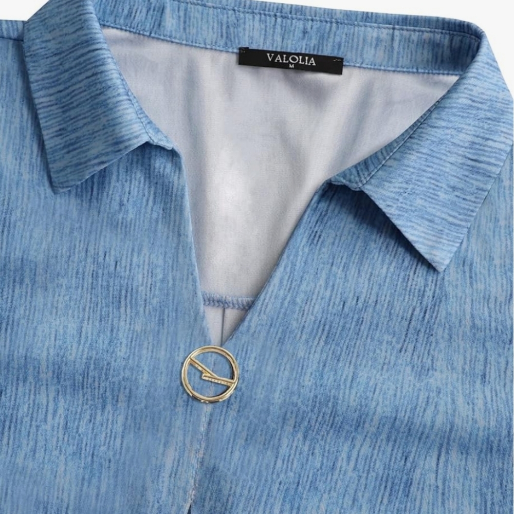 Valolia Womens 3/4 roll up Sleeve Collared V Neck Blue Medium - Picture 3 of 11
